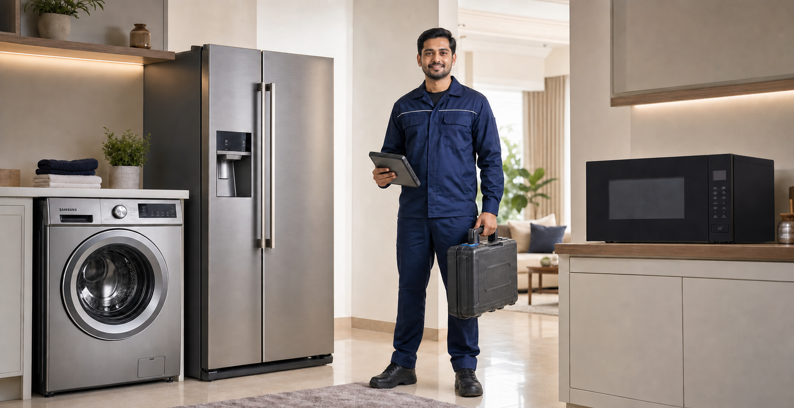 Appliance service technician with washing machine refrigerator and microwave