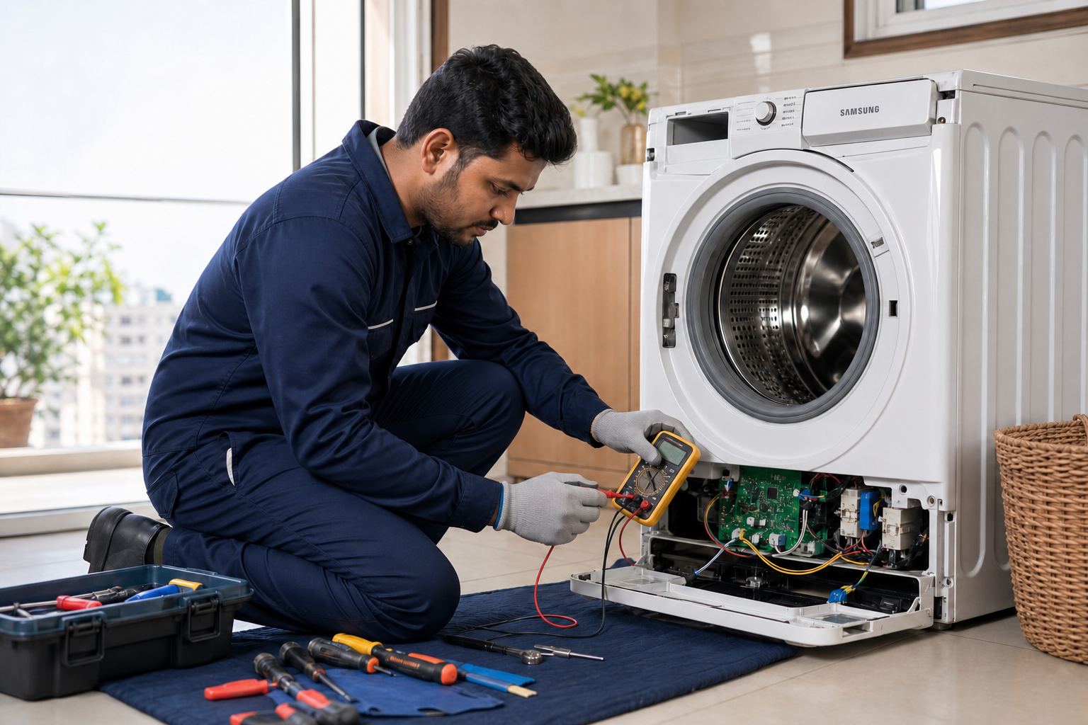 Technician checking a Samsung washing machine control board with a multimeter