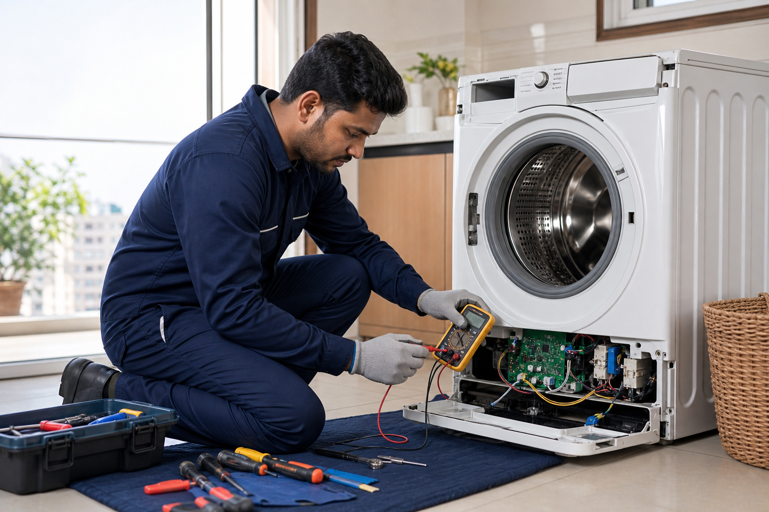 Technician checking a washing machine control board with a multimeter