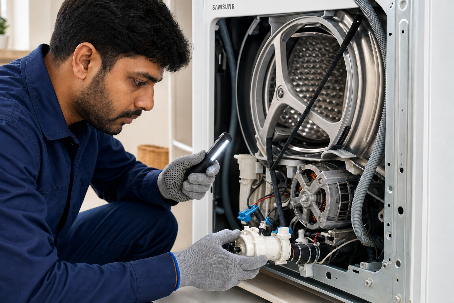 Technician inspecting a Samsung washing machine motor, belt and drain pump
