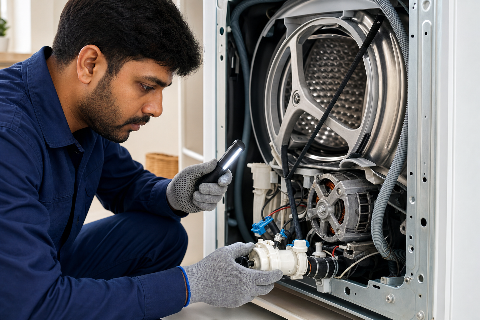 Technician inspecting washing machine motor, belt and drain pump